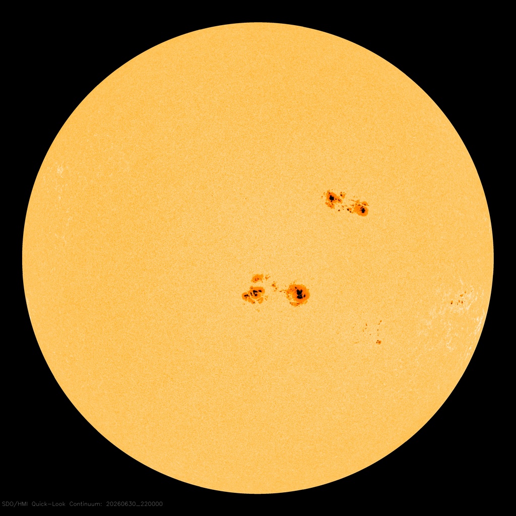 SDO HMI intensitygram of the Sun; sunspots appear as dark spots